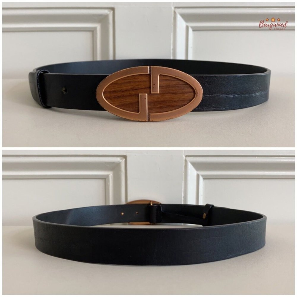 Authentic Gucci Vintage Black Leather Bronze Interlocking G Wood Belt 80/32 - Picture 5 of 12